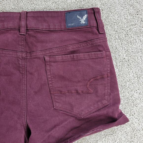 American Eagle Denim Cut Off Shorts Womens 8 Purple Red Stretch Hi Rise Raw Hem - Picture 10 of 16